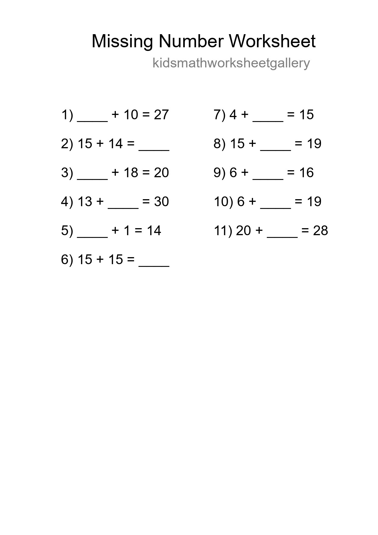 Missing Number Math Worksheet