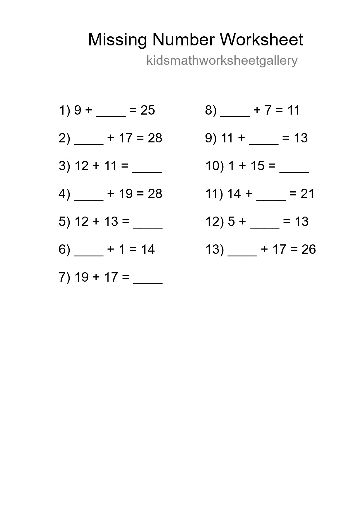 Missing Number Math Worksheet