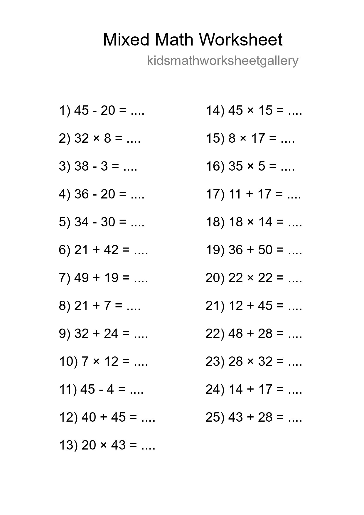 Mixed Operations Math Worksheet
