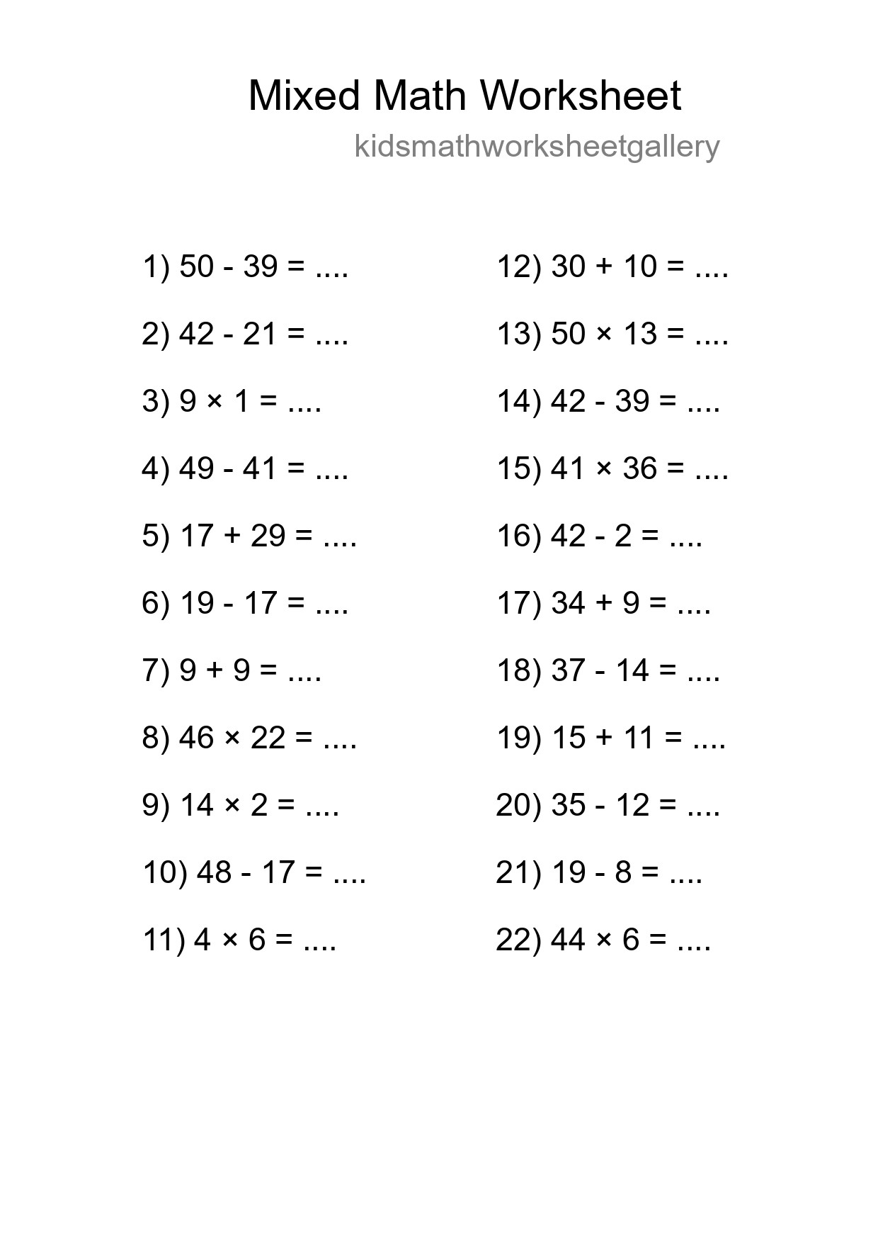 Mixed Operations Math Worksheet