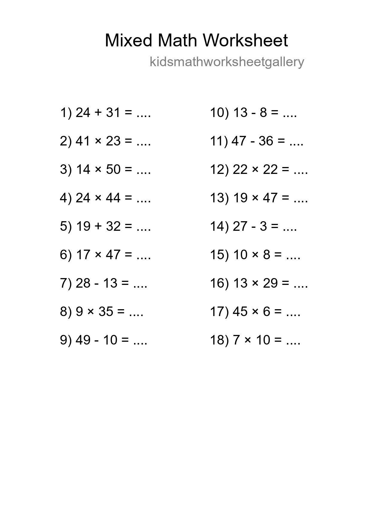 Mixed Operations Math Worksheet