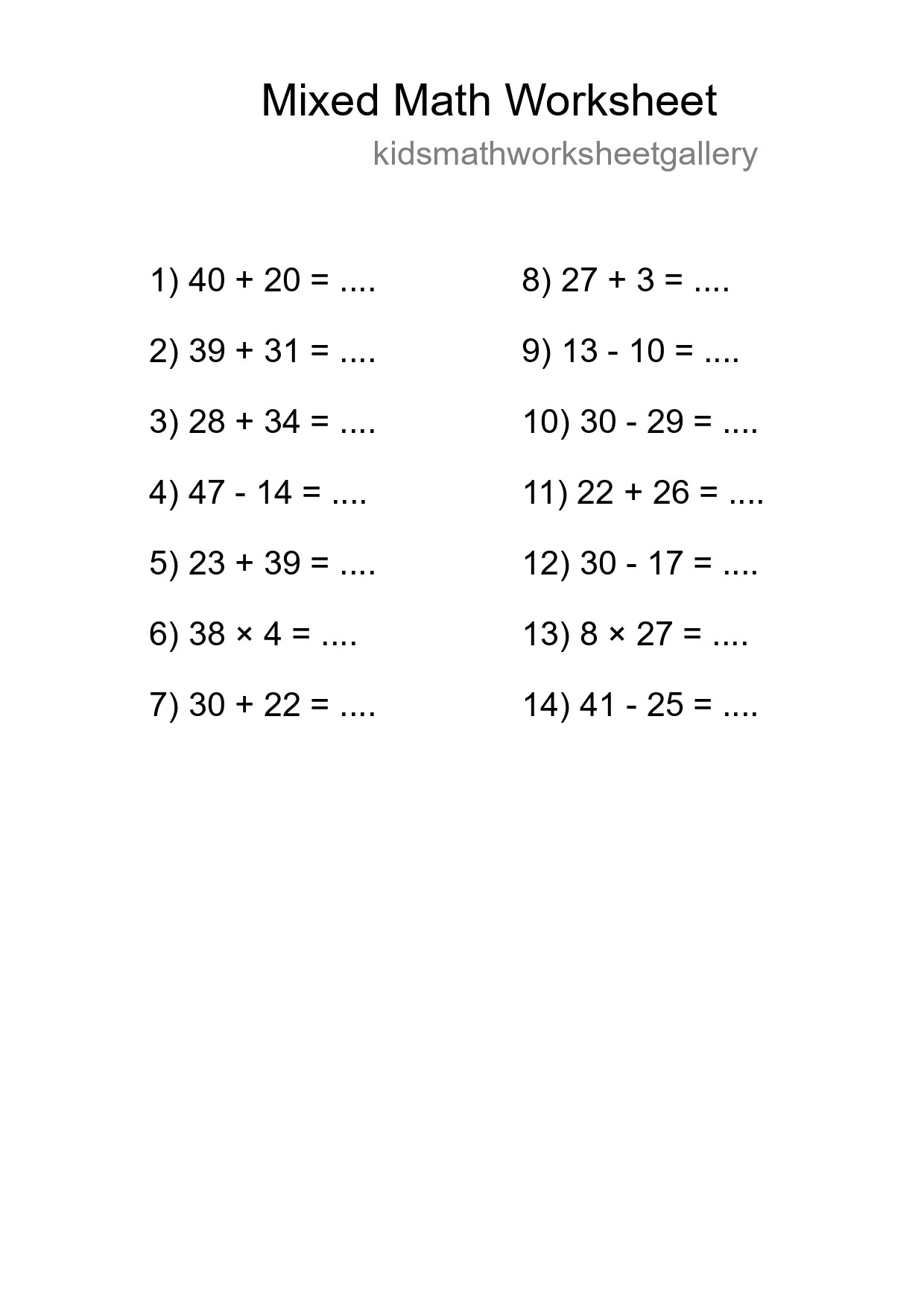 Mixed Operations Math Worksheet
