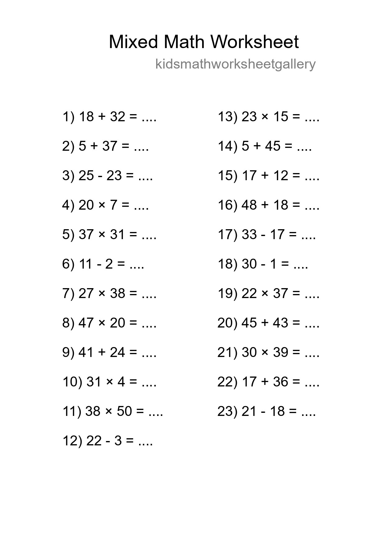 Mixed Operations Math Worksheet