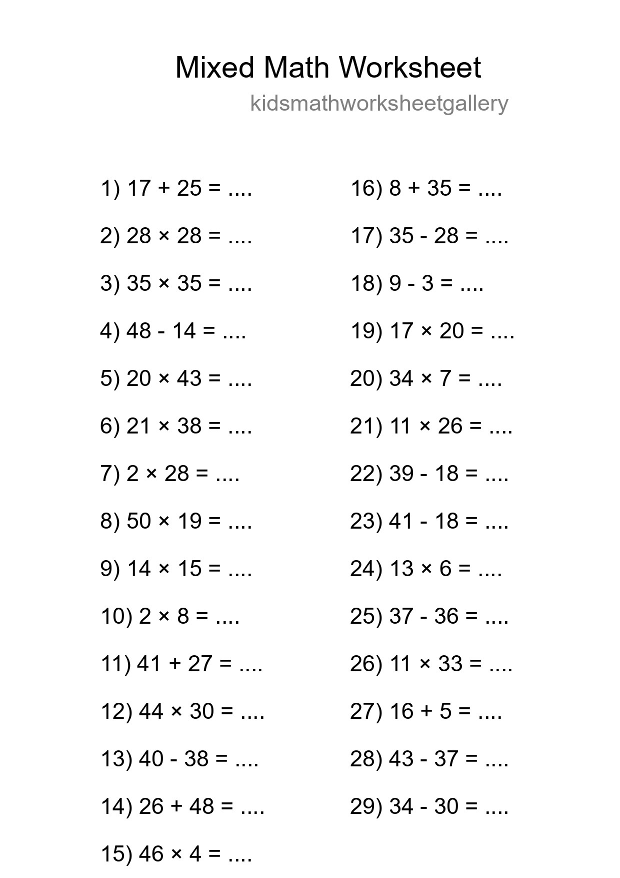 Mixed Operations Math Worksheet
