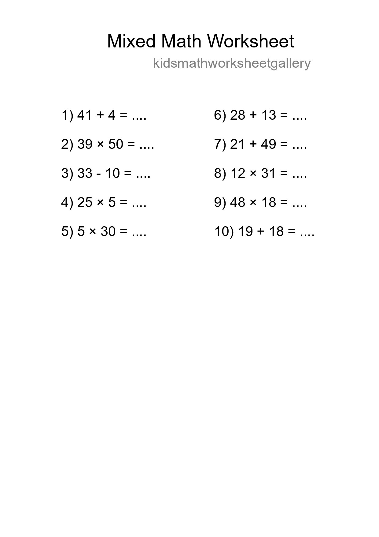 Mixed Operations Math Worksheet