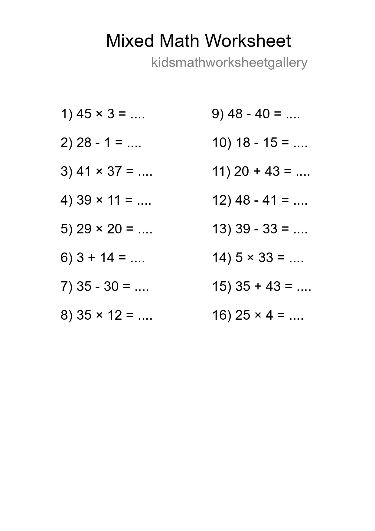 Mixed Operations Math Worksheet
