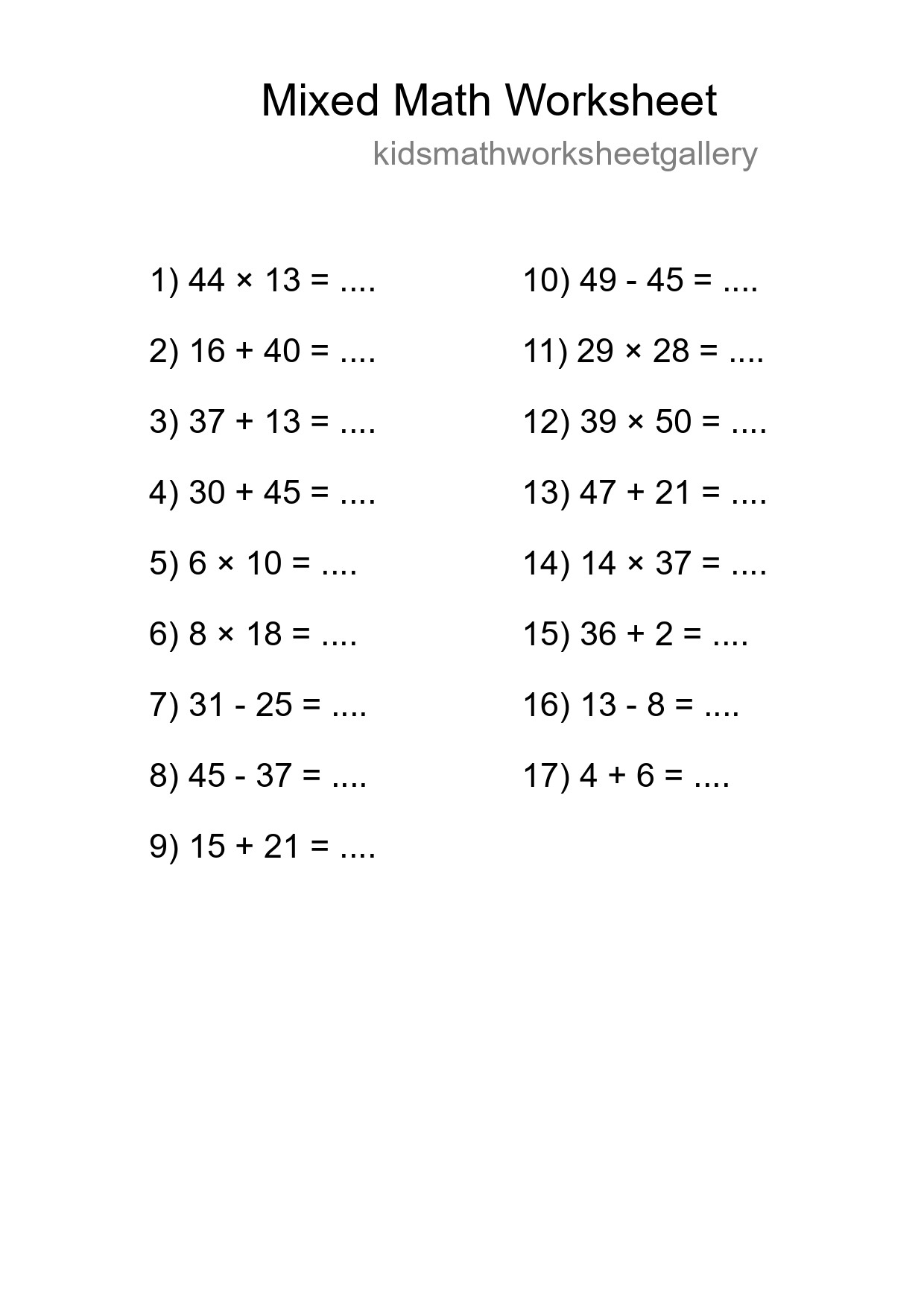 Mixed Operations Math Worksheet