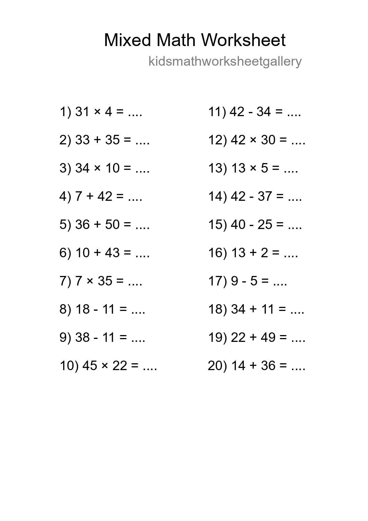 Mixed Operations Math Worksheet