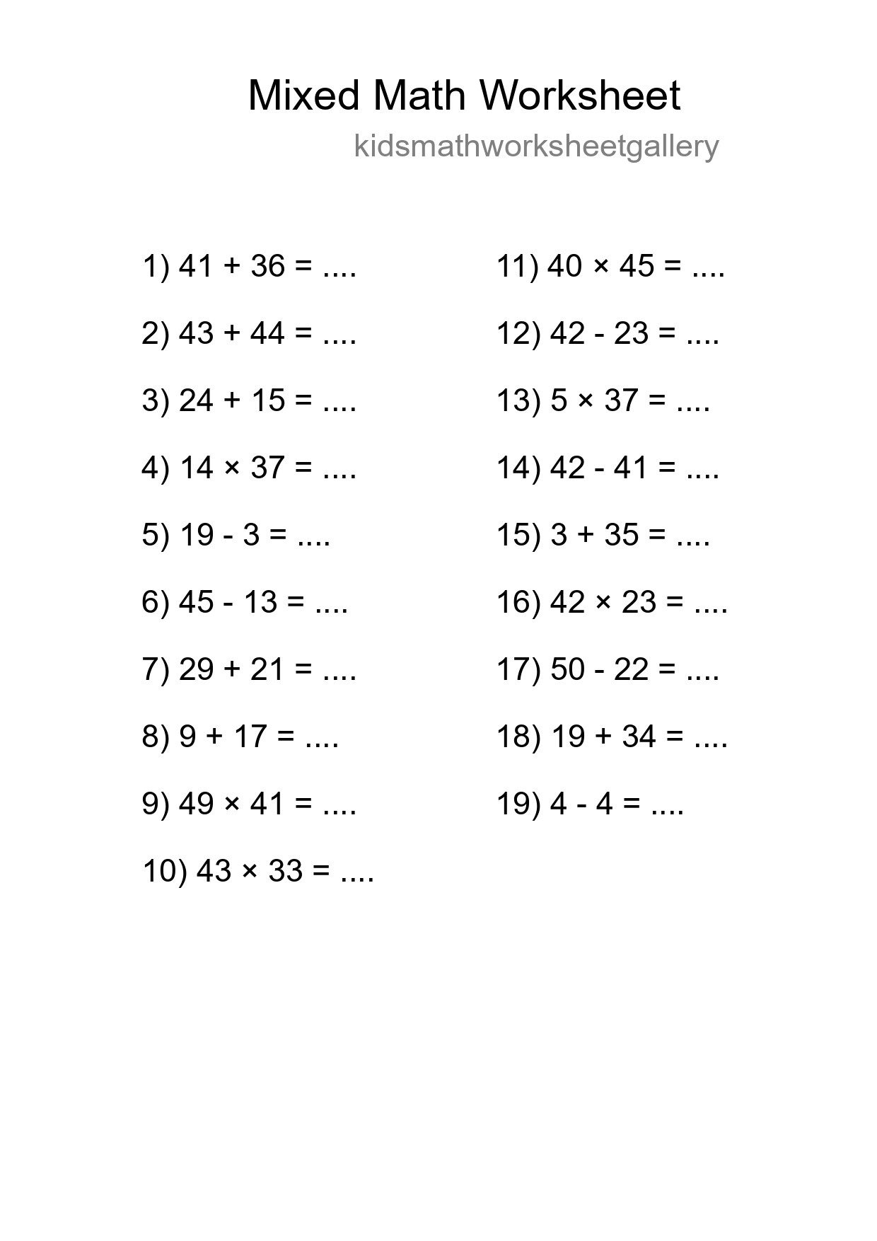 Mixed Operations Math Worksheet