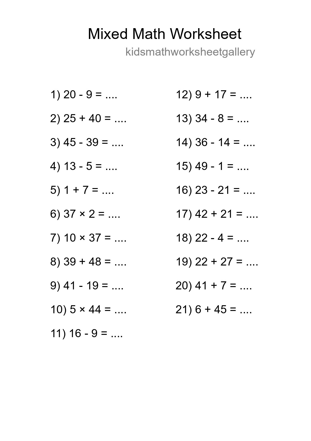 Mixed Operations Math Worksheet