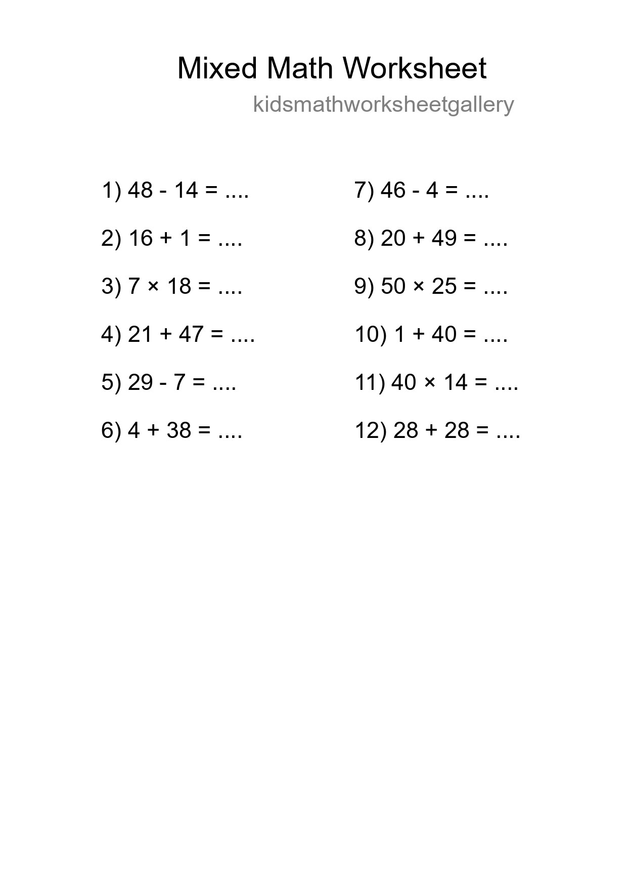 Mixed Operations Math Worksheet