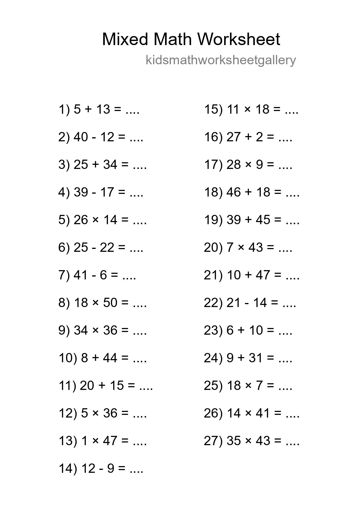 Mixed Operations Math Worksheet