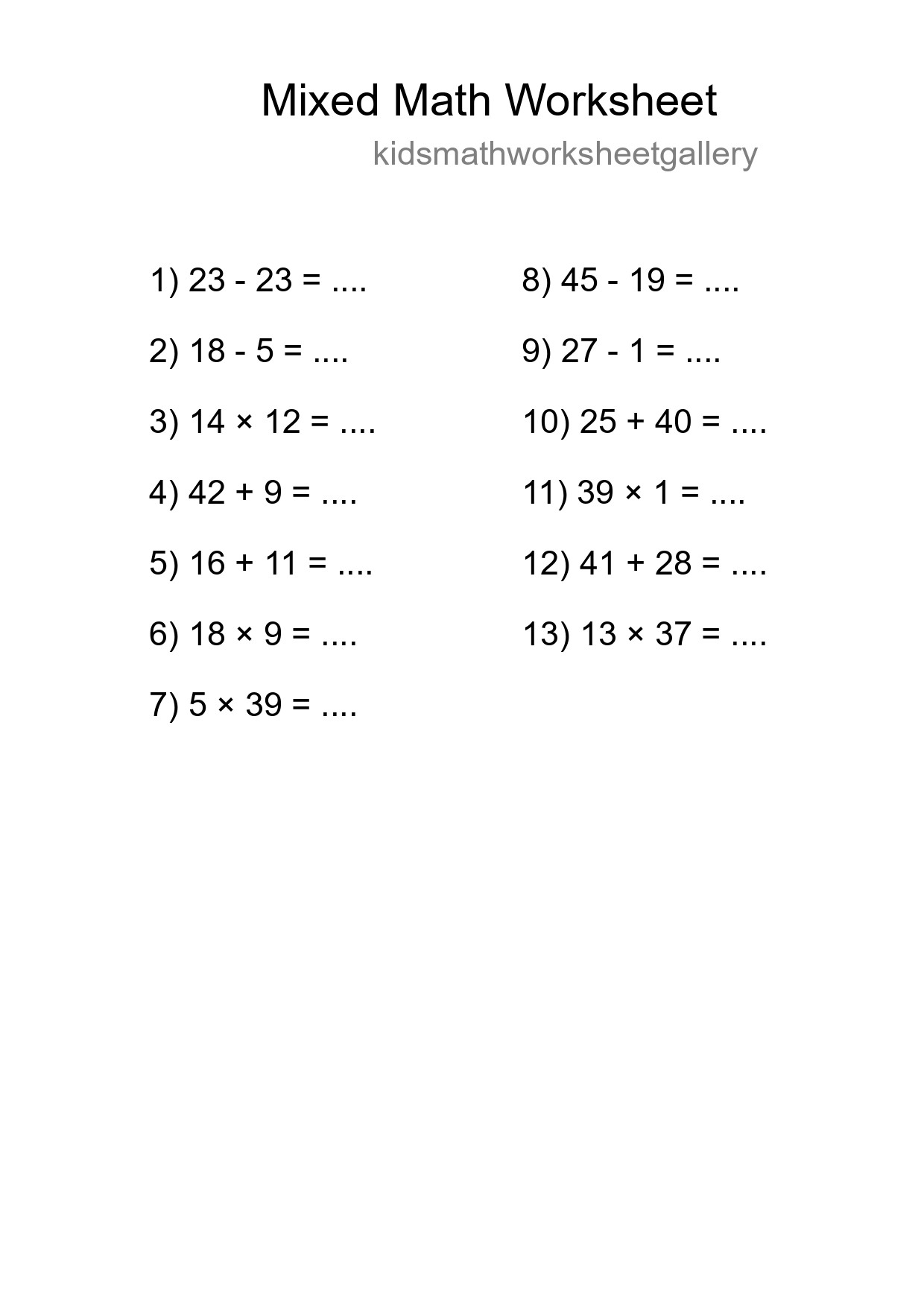 Mixed Operations Math Worksheet