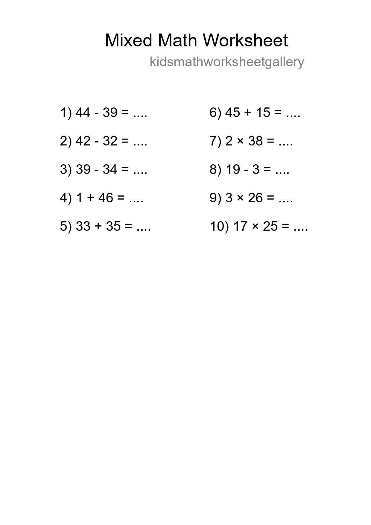 Mixed Operations Math Worksheet