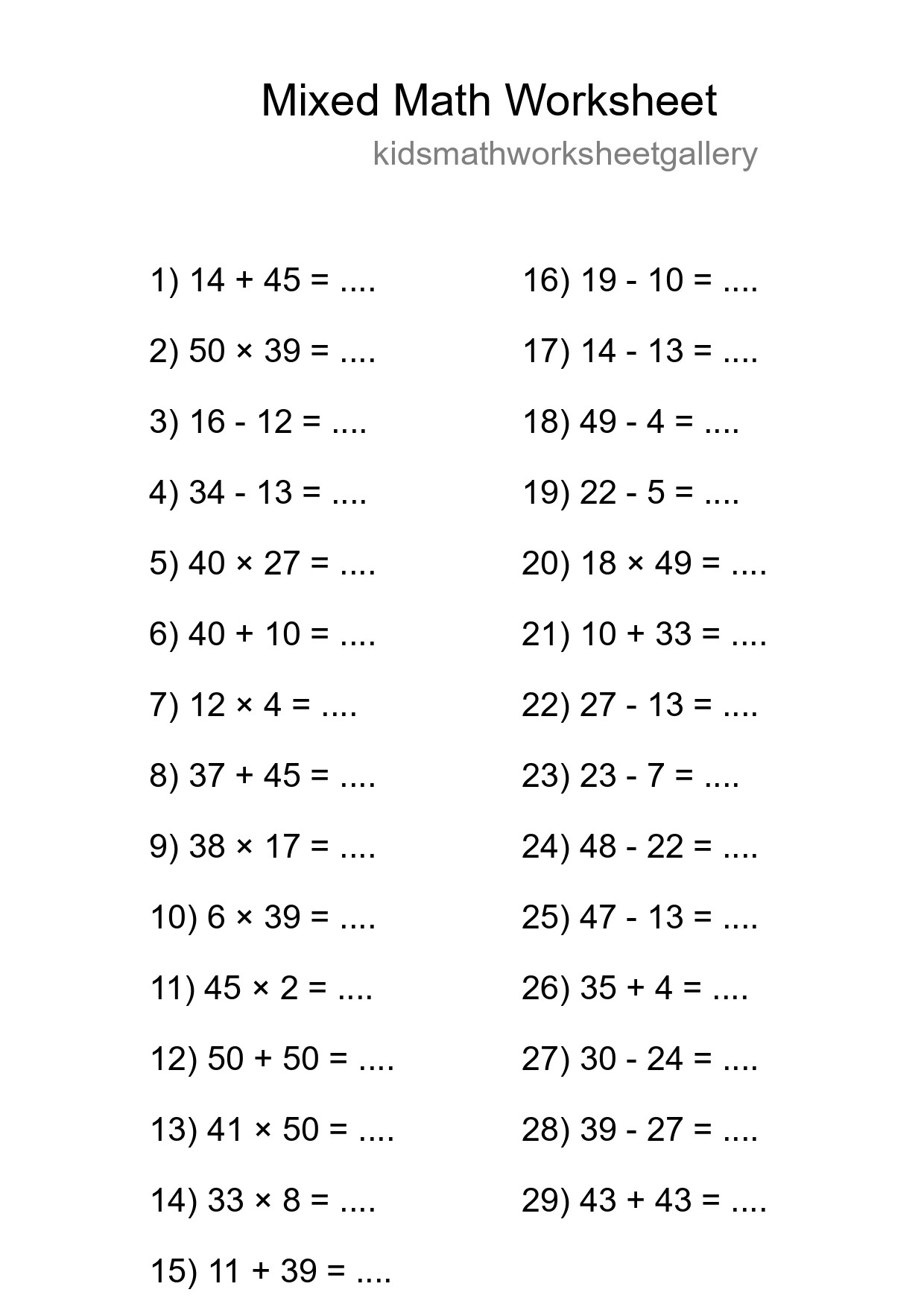 Mixed Operations Math Worksheet