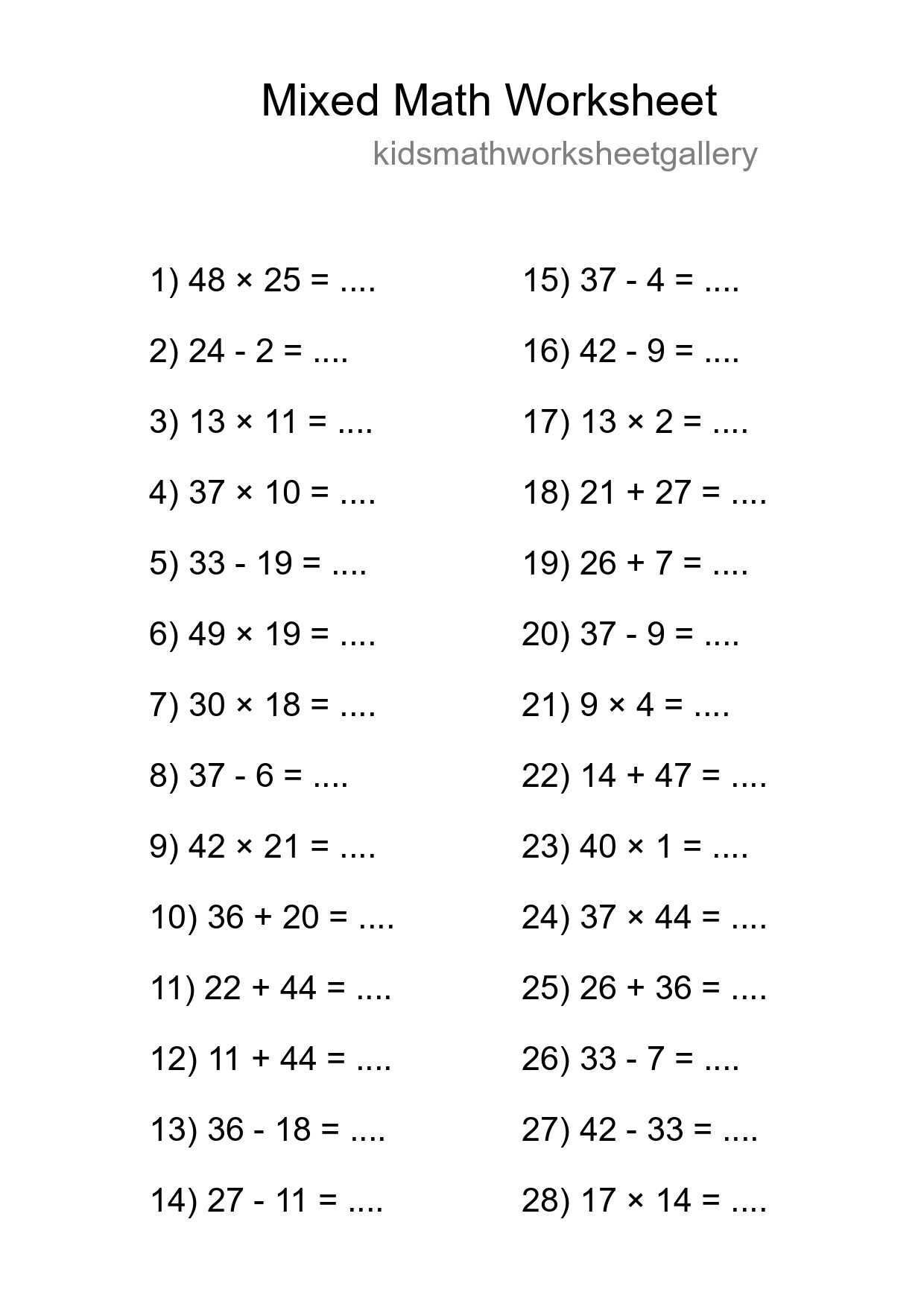 Mixed Operations Math Worksheet