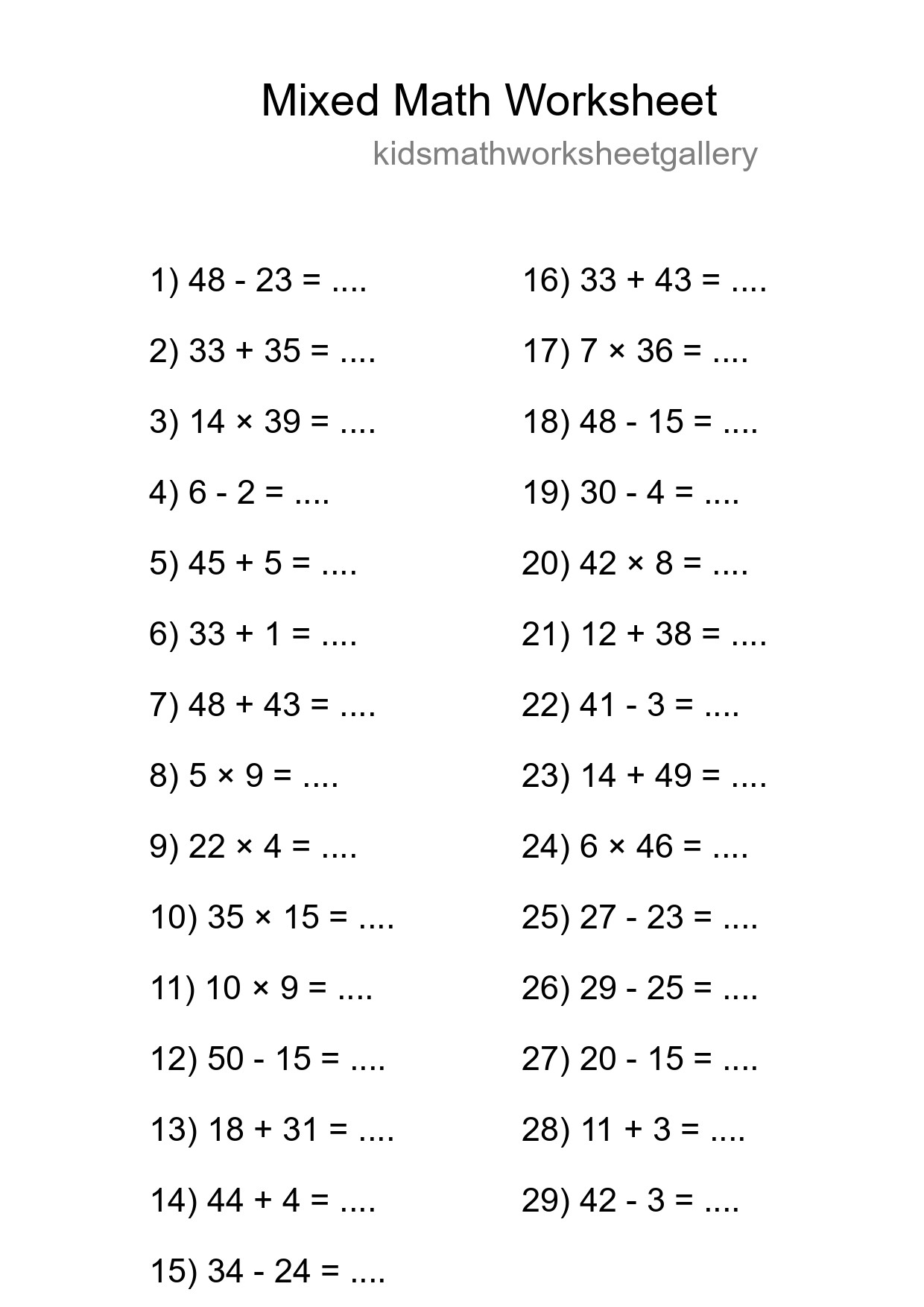 Mixed Operations Math Worksheet