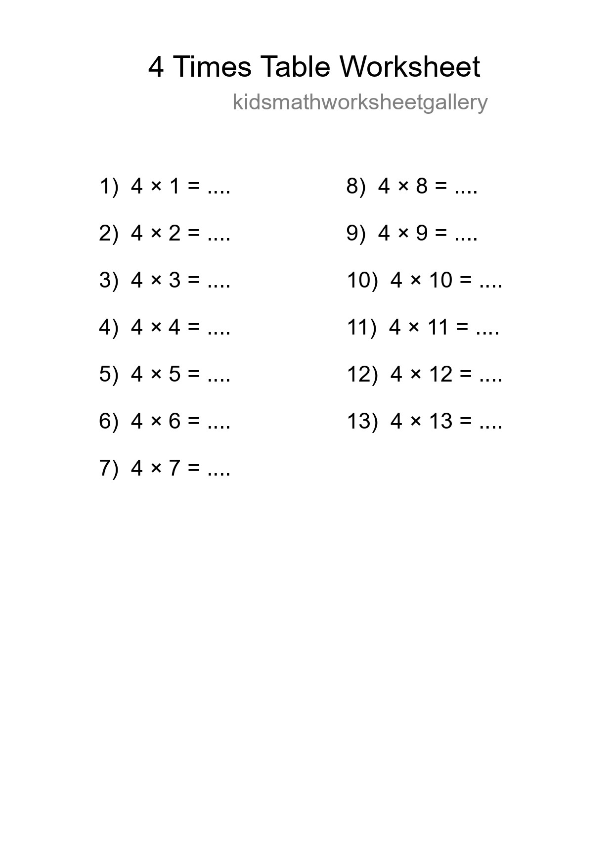 Printable 4 Times Table Worksheet For Grade 2 - Part 86