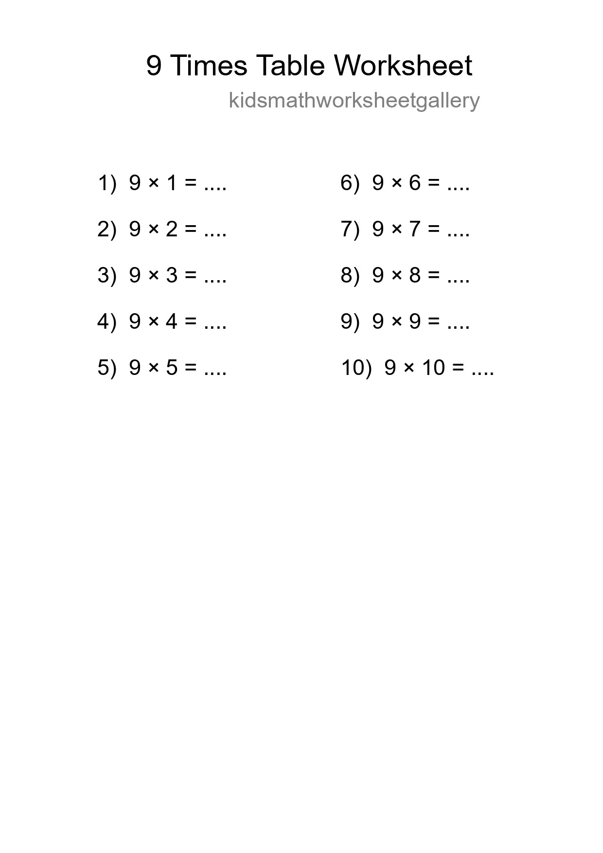Printable 9 Times Table Worksheet For Grade 3 - Part 229