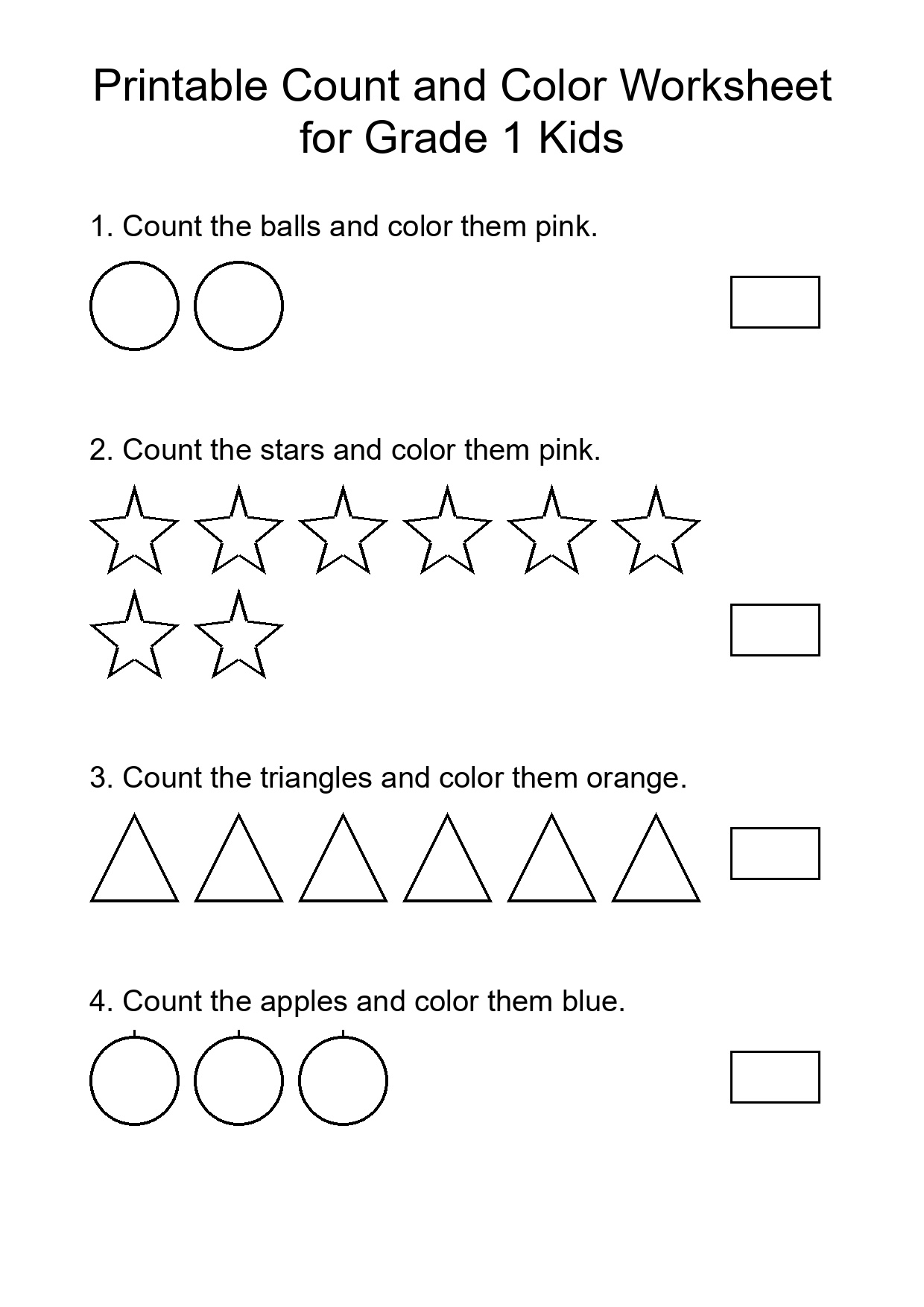 Printable Count and Color Worksheet for Grade 1 Kids
