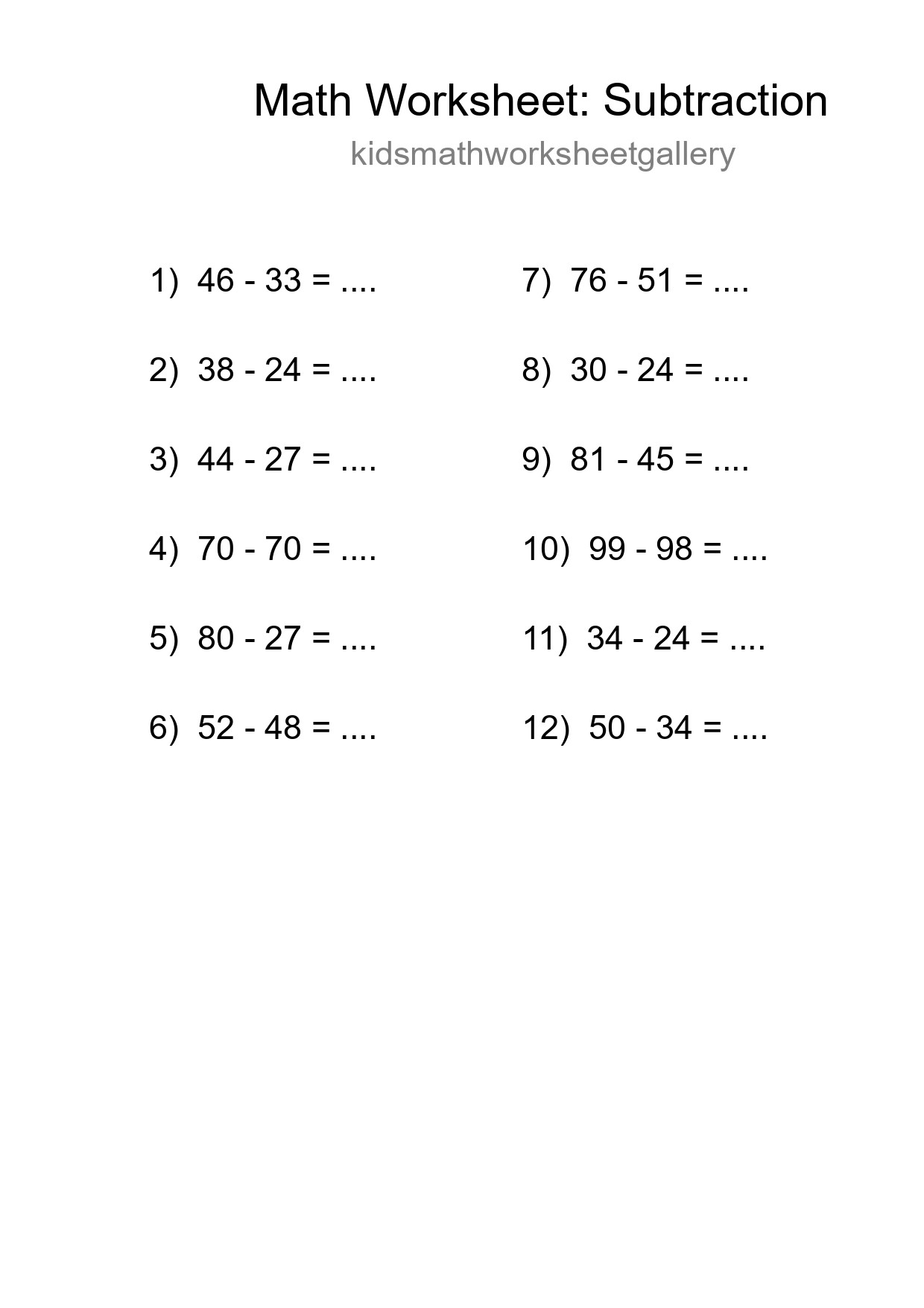 Printable Free 12 Subtraction Math Worksheet For Grade 3 - Part 162