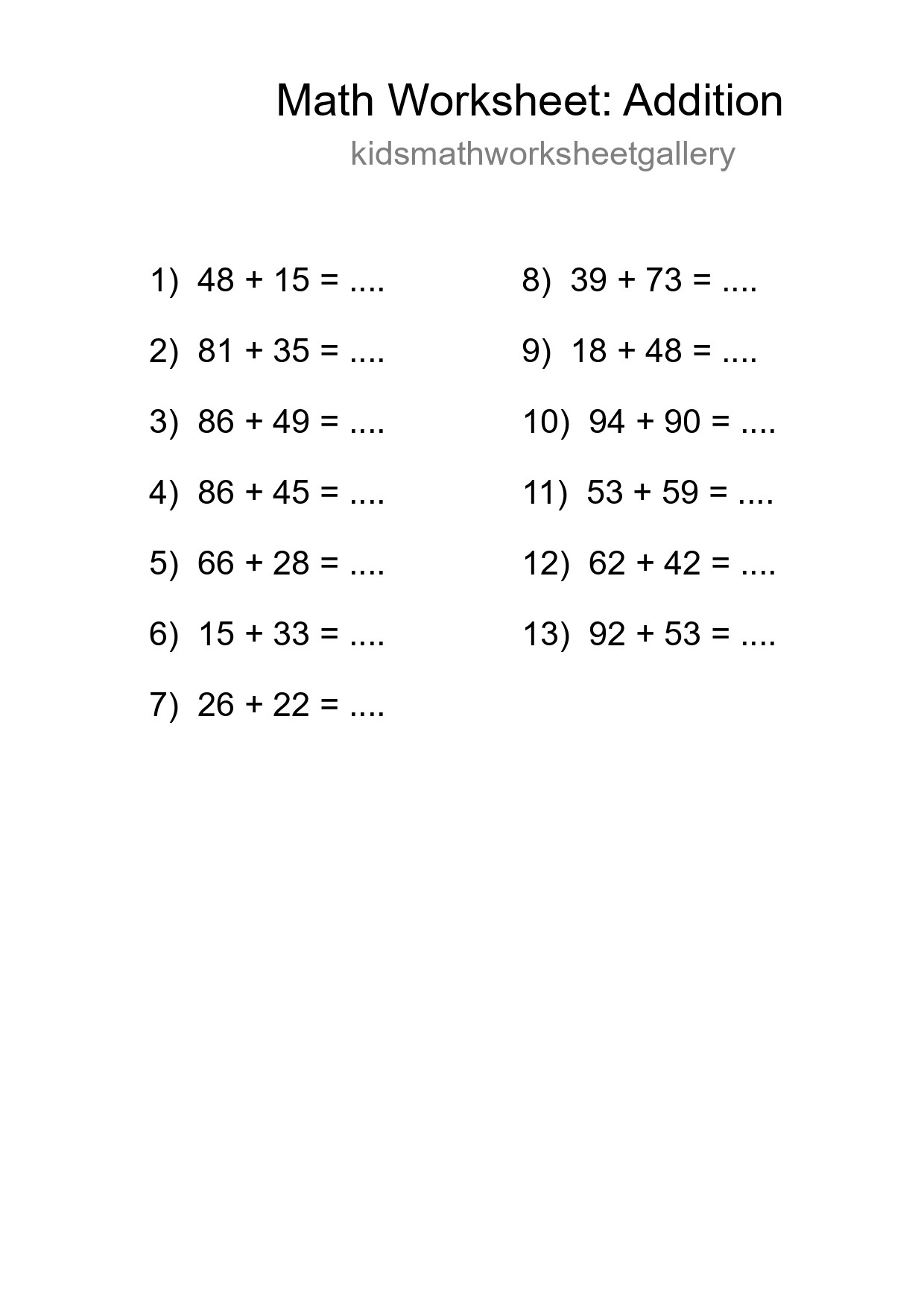 Printable Free 13 Addition Math Worksheet For Grade 3 - Part 298