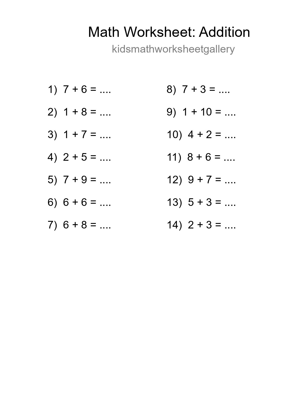 Printable Free 14 Addition Math Worksheet For Grade 1 - Part 221