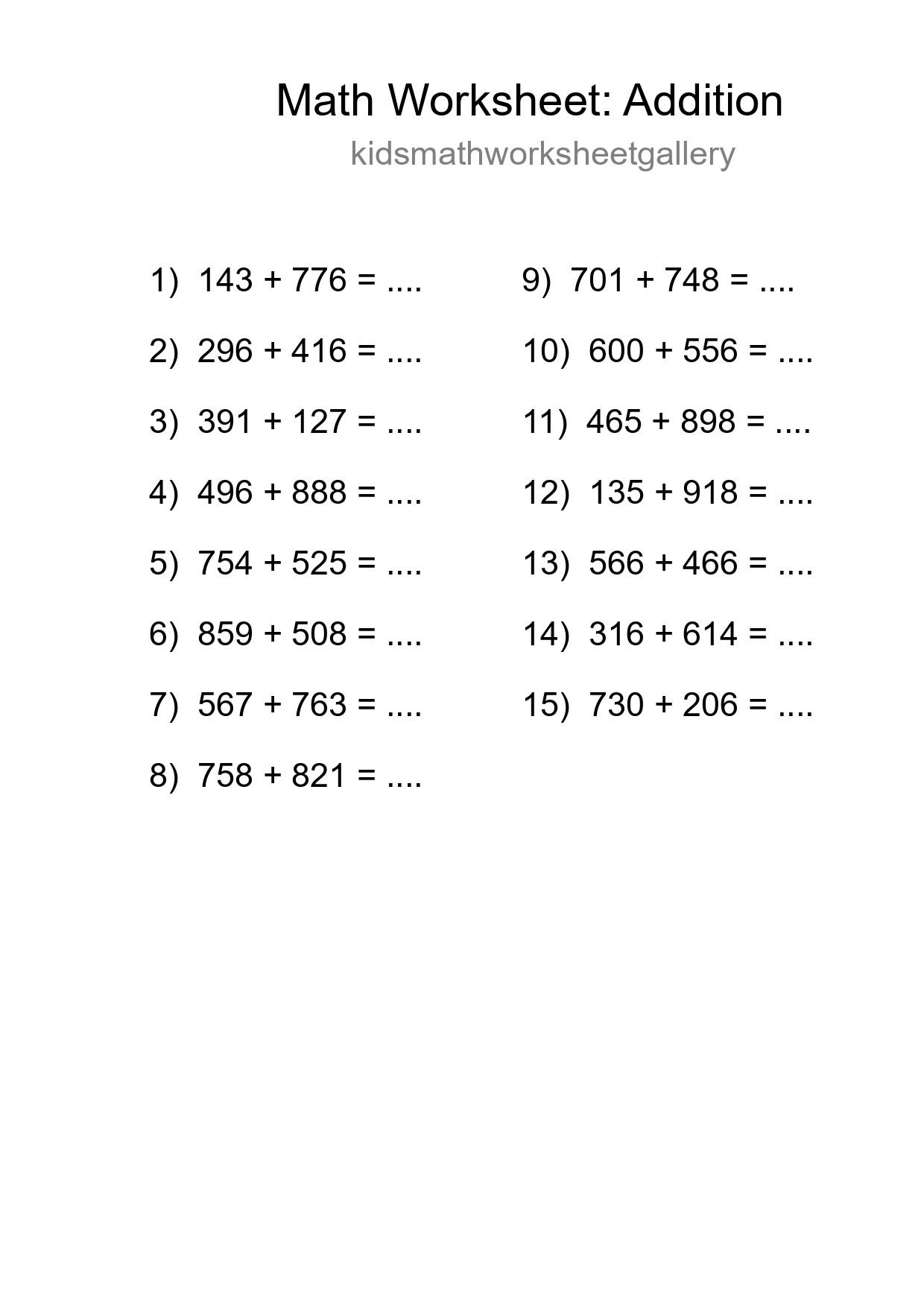 Printable Free 15 Addition Math Worksheet For Grade 5 - Part 100