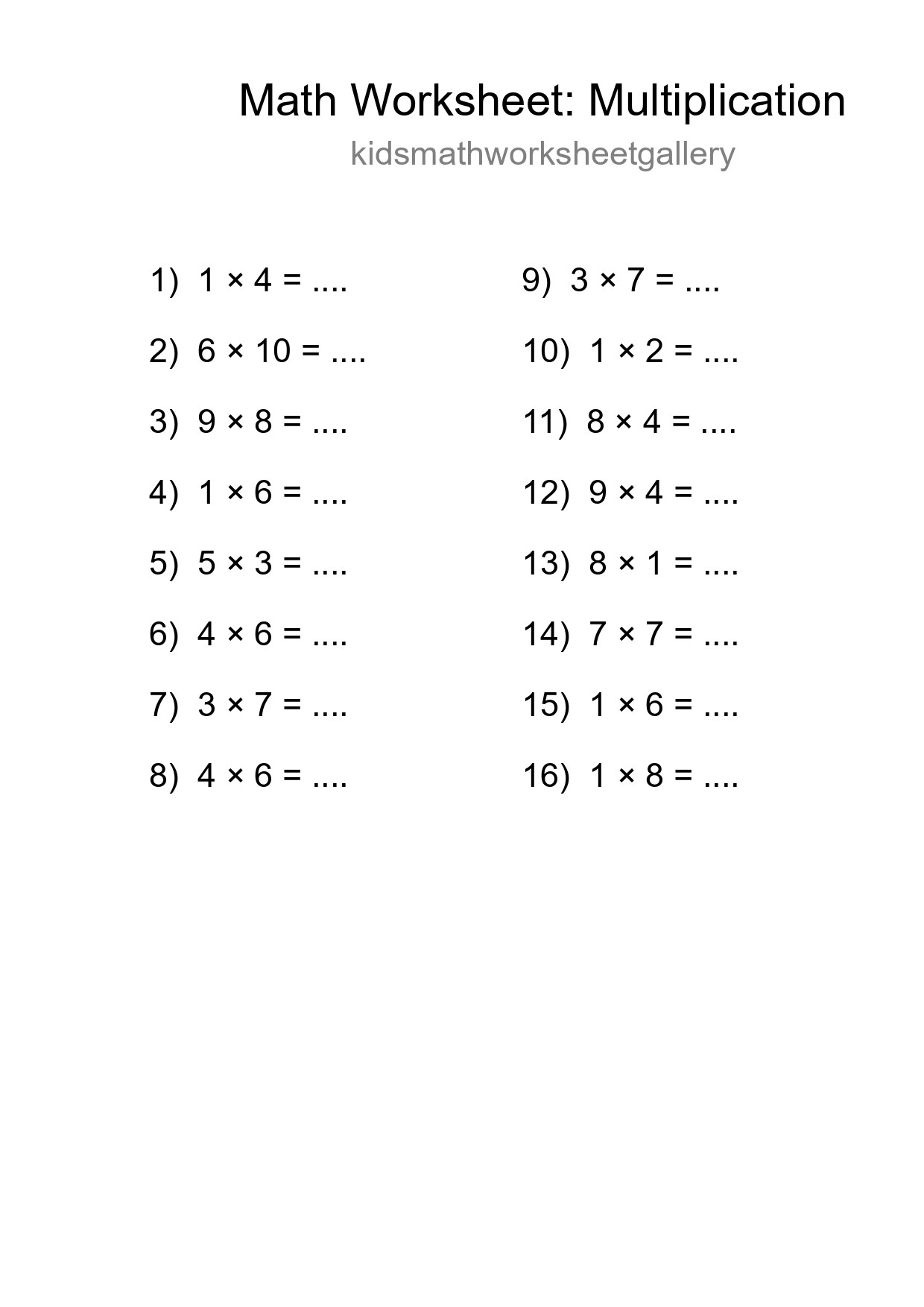 Printable Free 16 Multiplication Math Worksheet For Grade 1 - Part 238