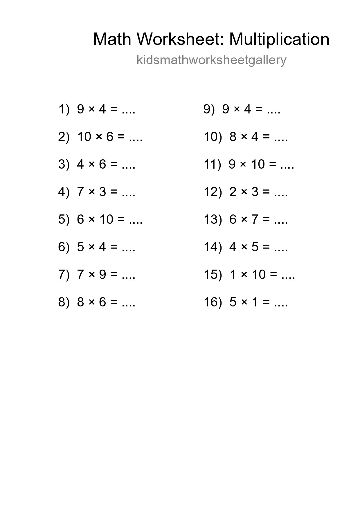 Printable Free 16 Multiplication Math Worksheet For Grade 1 - Part 260