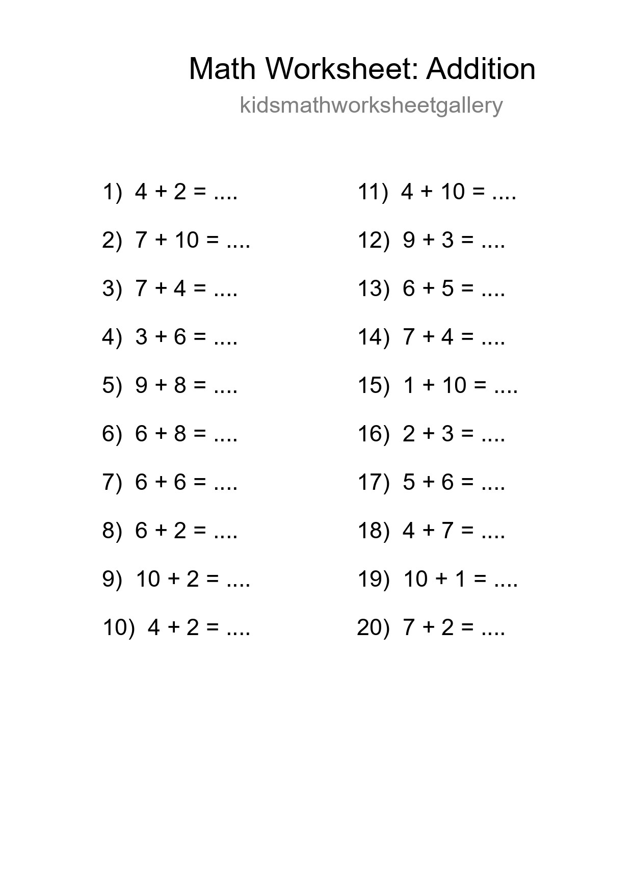 Printable Free 20 Addition Math Worksheet For Grade 1 - Part 45