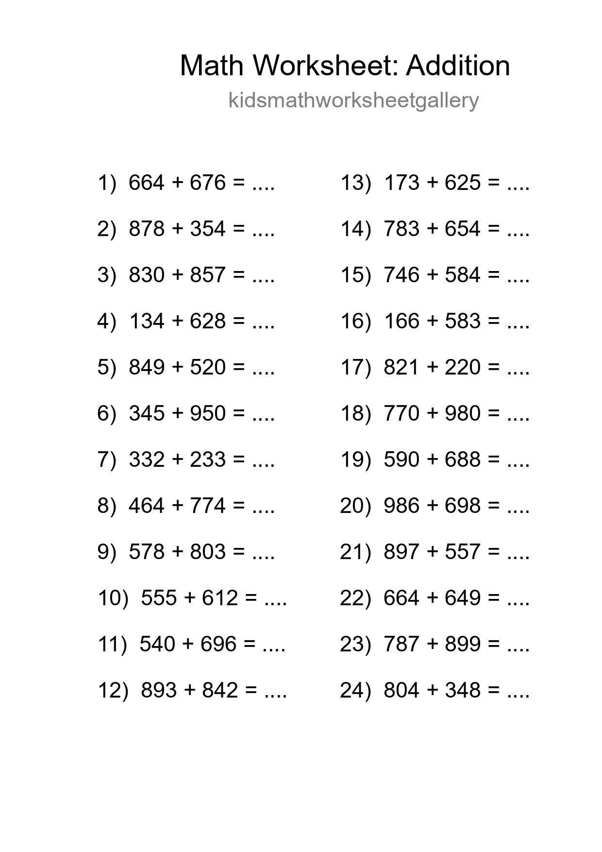 Printable Free 24 Addition Math Worksheet For Grade 5 - Part 177