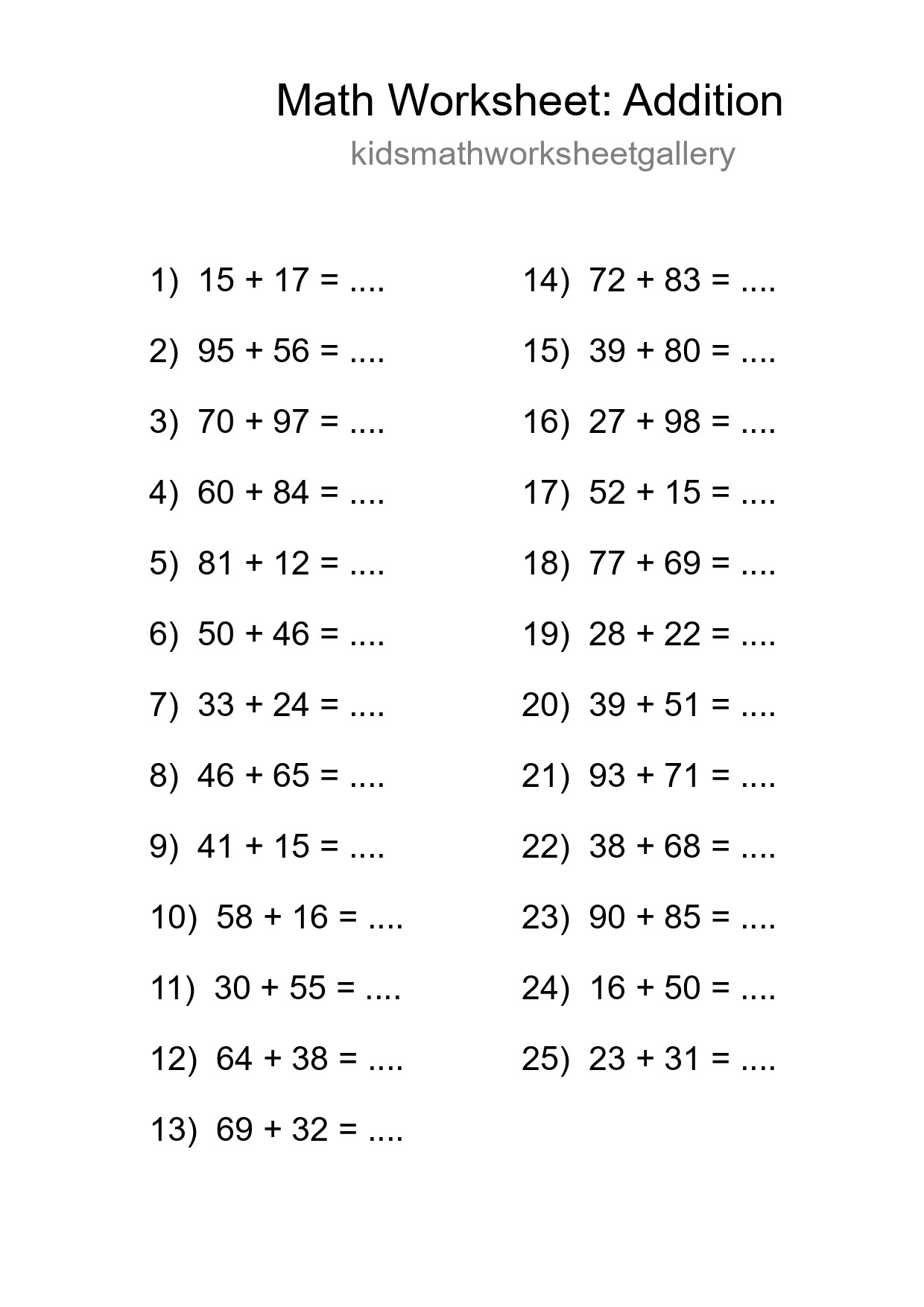 Printable Free 25 Addition Math Worksheet For Grade 3 - Part 210