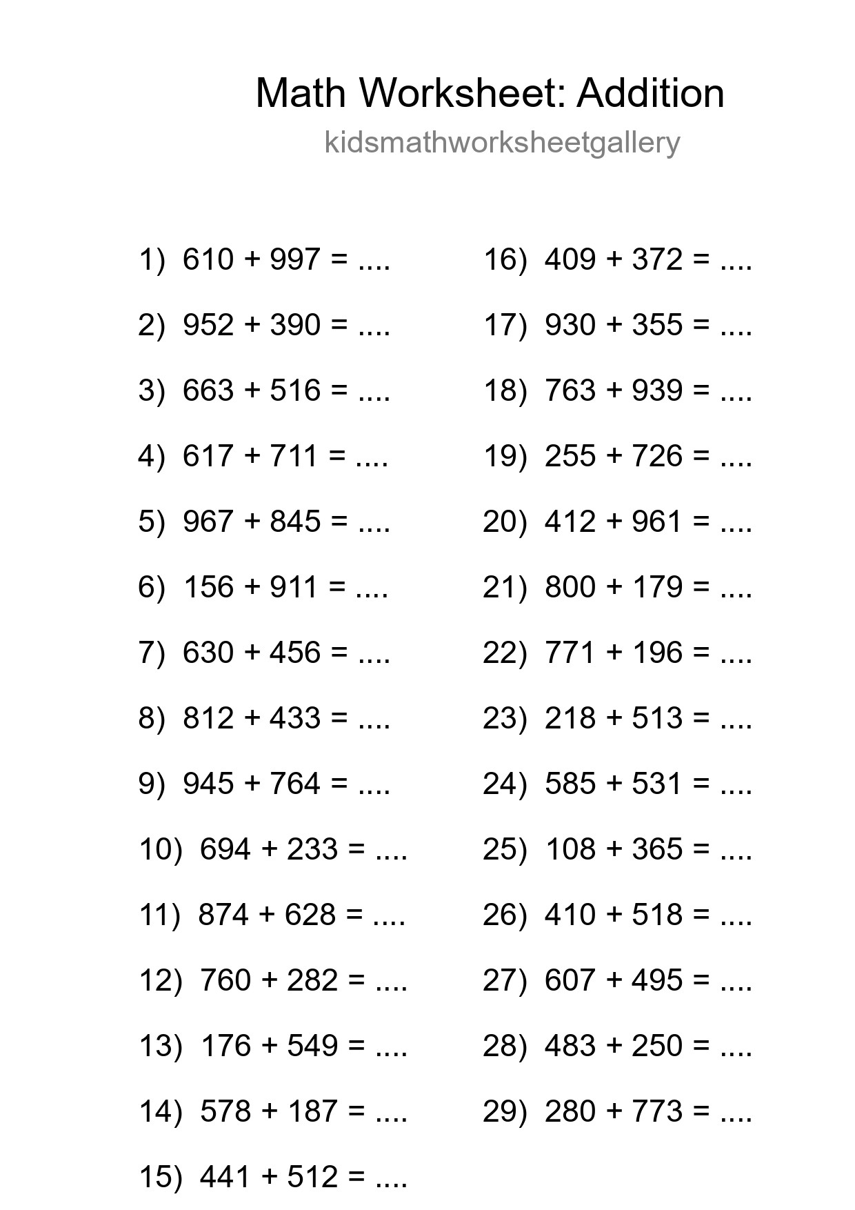 Printable Free 29 Addition Math Worksheet For Grade 5 - Part 254